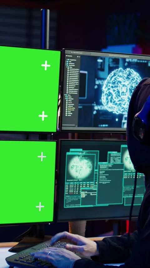 Vertical video Rogue developer working on green screen computer using artificial 動画素材 275622672