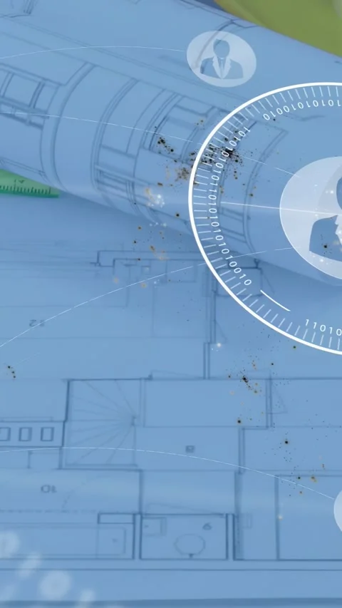 Vertical video: Rolled blueprint getting HUD overlay from right, user icons Stock Footage 331168658