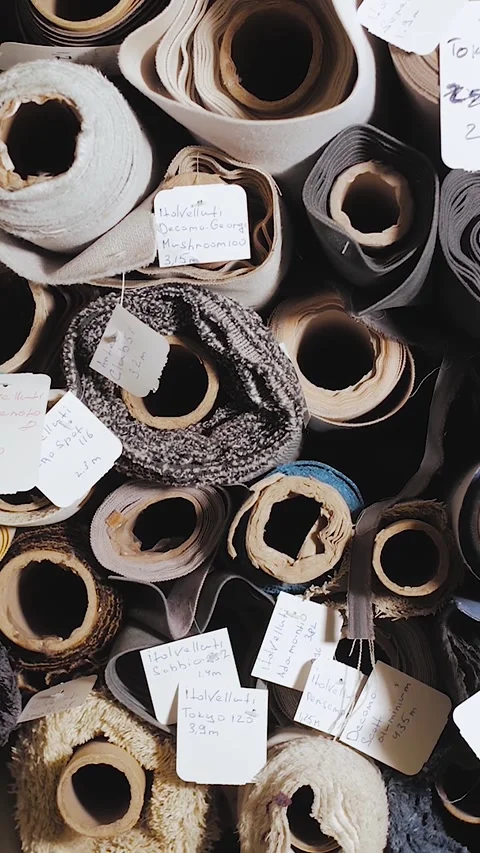 Vertical video. Rolls of fabric and textiles for sale. Warehouse at a furniture Stock Footage 323451374