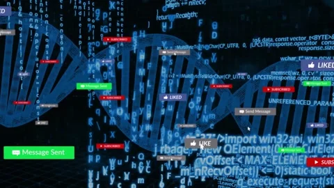 Vertical video: Rotating blue DNA helix drawing badges after LIKE appearing in Stock Footage 332380724