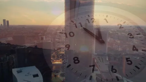 Vertical video: Rotating clock appearing at sunset, moving hands over glass 스톡 동영상 331198045
