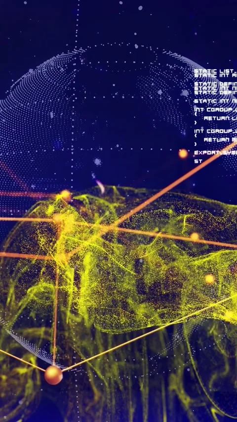 Vertical video: Rotating dotted globe starting orange node network yellow smoke Stock Footage 328331841