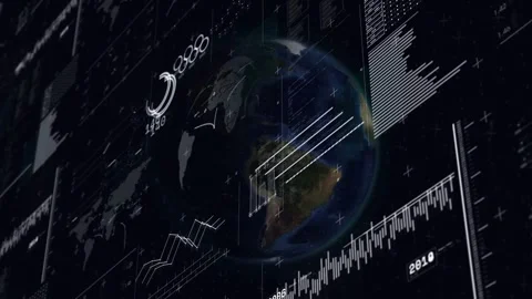 Vertical video: Rotating globe receiving data on HUD, displaying rings, bars, Stock Footage 331198058