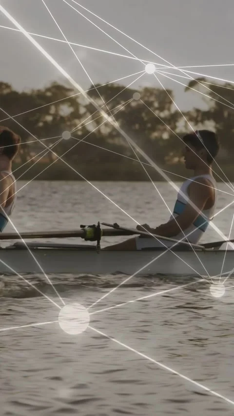Vertical video: Rower pulling oar, two rowers syncing strokes for sports, Stock Footage 333744787
