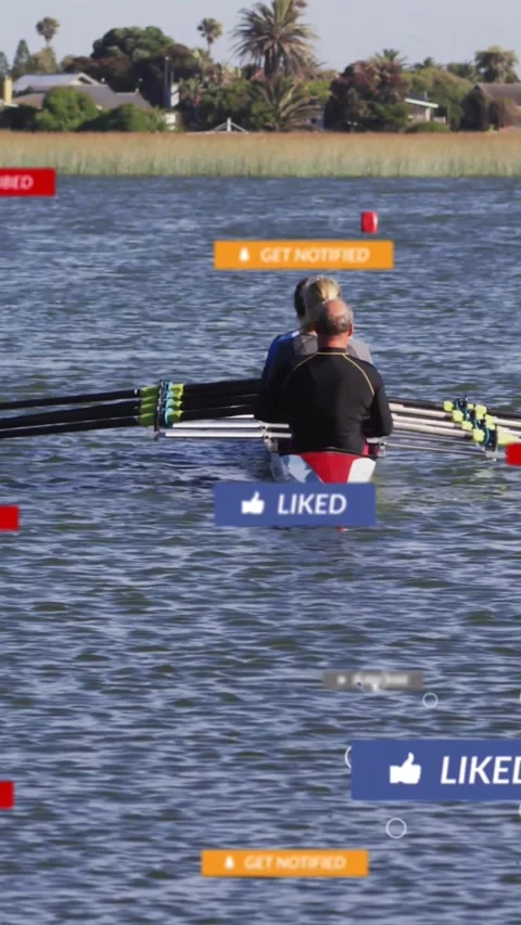 Vertical video: Rowers rowing past buoy, cursor click causing overlays drifting Stock Footage 330605108