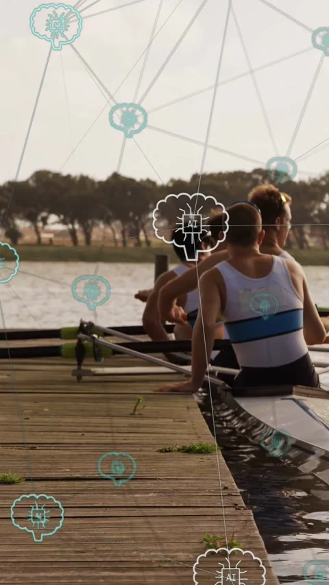 Vertical video: Rowing crew adjusting grip, initiating strokes to launch shell, Stock Footage 333611004