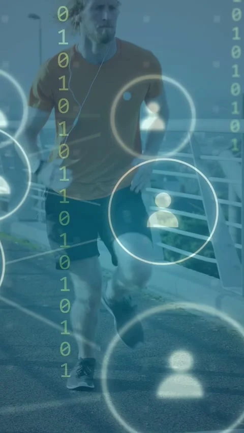 Vertical video: Runner approaching camera, avatars around him and binary code Stock Footage 333953659
