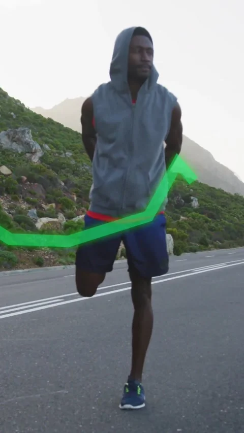 Vertical video: Runner balancing on road, adjusting into step as graphs sliding, Stock Footage 331199305