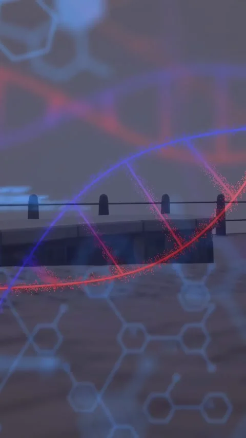 Vertical video: Runner entering, jogging walkway, DNA helix and code overlay Stock Footage 331567550
