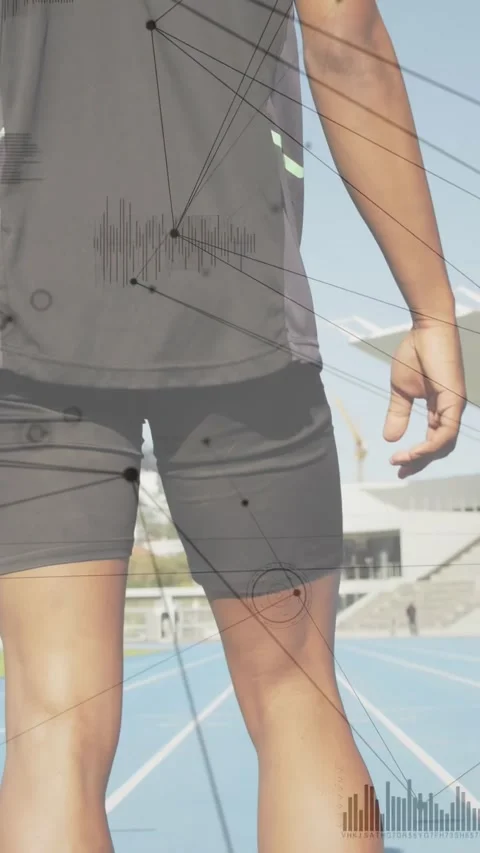 Vertical video: Runner shifting to start blocks on blue track for sports, Stock Footage 331047217