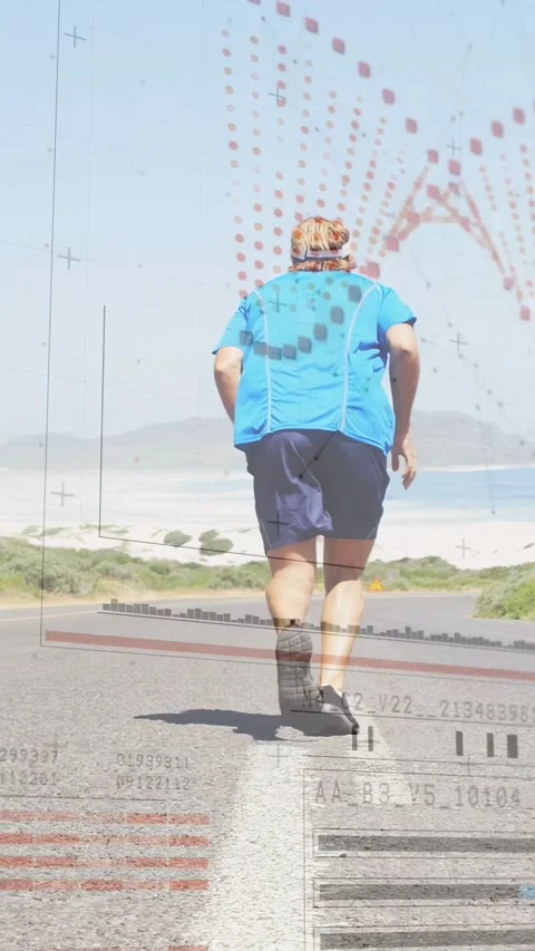 Vertical video: Runner shifting weight, gaining speed down road, HUD bars Stock-Footage 333721181