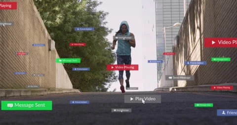 Vertical video: Running hooded runner checking watch while climbing ramp, Stock Footage 333965064