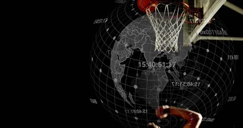 Vertical video: Running man dunking basketball to score at set hoop, globe, Vídeo Stock 330756506