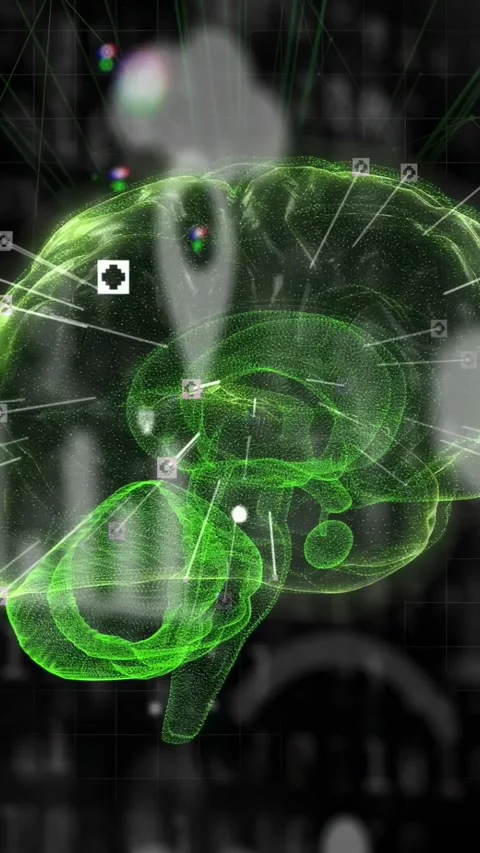 Vertical video: Scan beam firing, translucent green wireframe brain rotating, Stock Footage 330305872