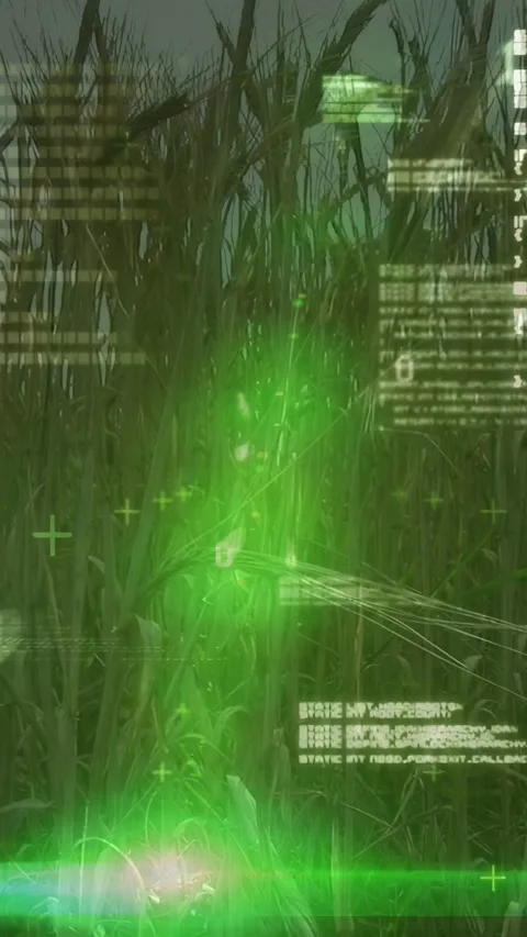 Vertical video: Scan initiating low, green column rising among corn, showing HUD Stock Footage 332806758