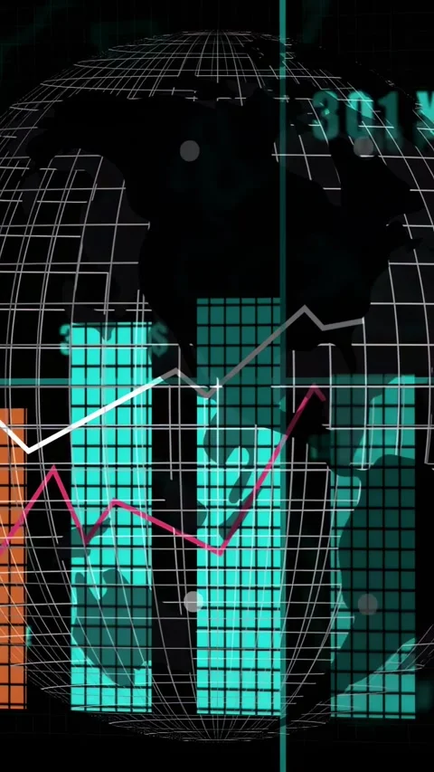 Vertical video: Scan line sweeping, wireframe globe rotating, bars rising, lines Stock Footage 332506784