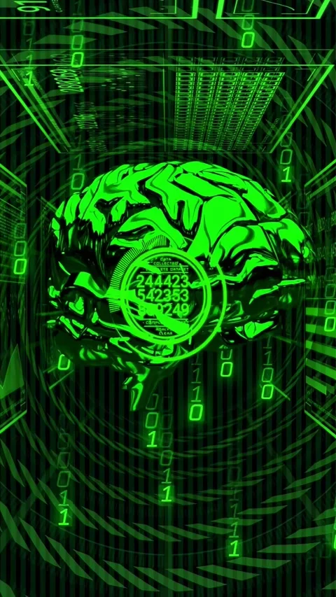 Vertical video: On scan pulse metallic brain rotating, pulsing, HUD cycling Stock Footage 328332287