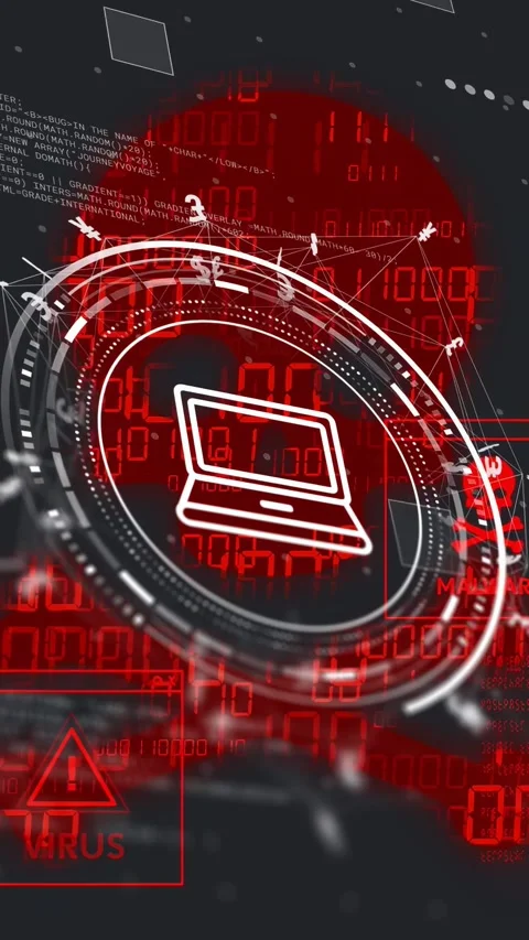 Vertical video: On scan start central laptop icon rotating inside HUD ring, Stock Footage 335355741
