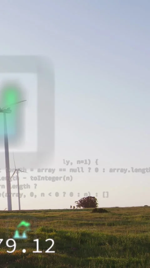 Vertical video: Scan starting AR HUD while cam panning and wind turbines gaining Stock Footage 334046970