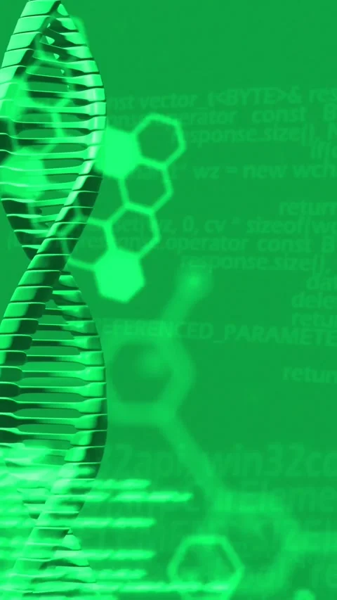 Vertical video: Scan starting DNA helix rotating, hexagons pulsing and code Stock Footage 329612898