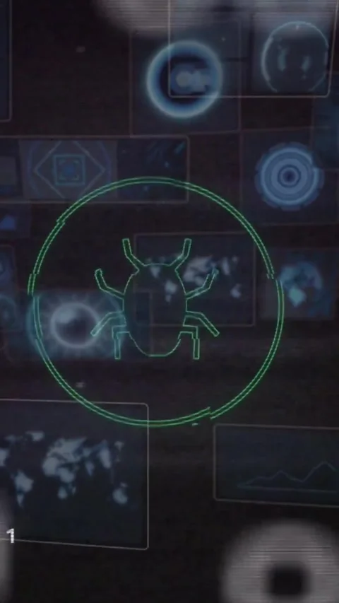 Vertical video: Scan starting, HUD shifting panels traces, reticle pulsing, bug Stock Footage 329552386
