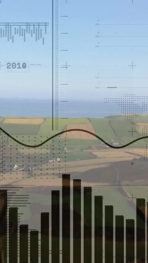 Vertical video: Scan starting, HUD overlaying coast, animating bars, sine and Vídeos de archivo 334547718