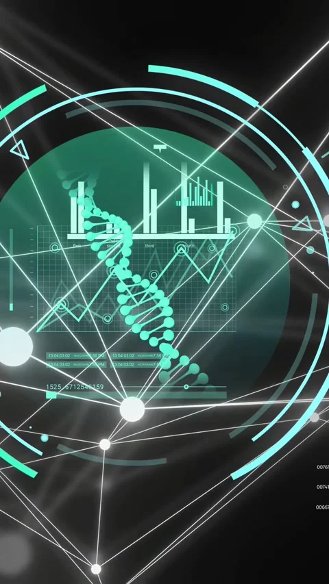 Vertical video: Scan starting teal HUD, helix rotating, nodes linking, charts Stock Footage 334378234