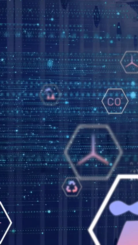 Vertical video: Scanline pulse moving hex icons right, pulsing and centering CO2 Stock Footage 332985318