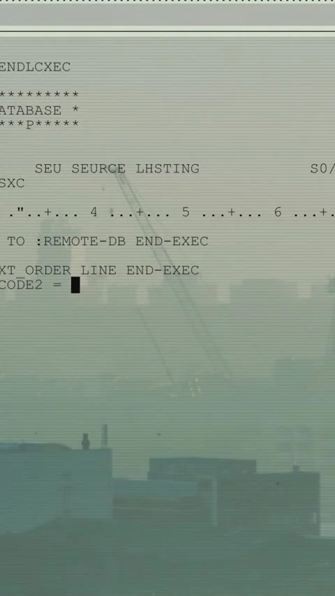 Vertical video: Scanline starting code overlay, text scrolling over hazy port Stock Footage 329612877