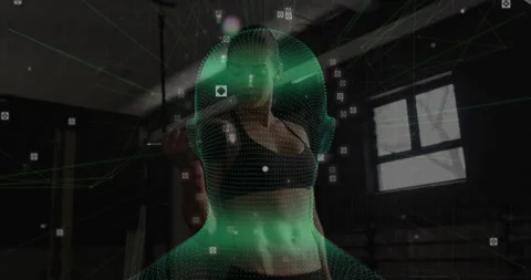 Vertical video: Scanning wireframe causing woman in black bra lifting weight, Stock Footage 330713482