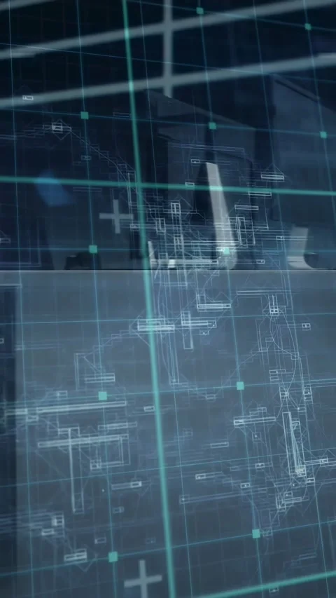 Vertical video: Schematic grid sweeping across office desk, revealing black Stock-Footage 334601089