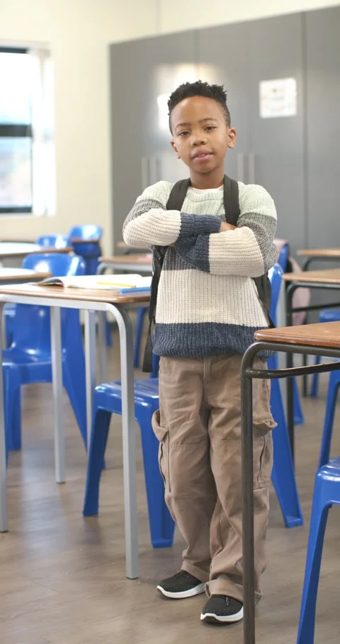 Vertical video: Schoolboy seeing camera, fixing sweater and backpack, posing Stock Footage 341030890