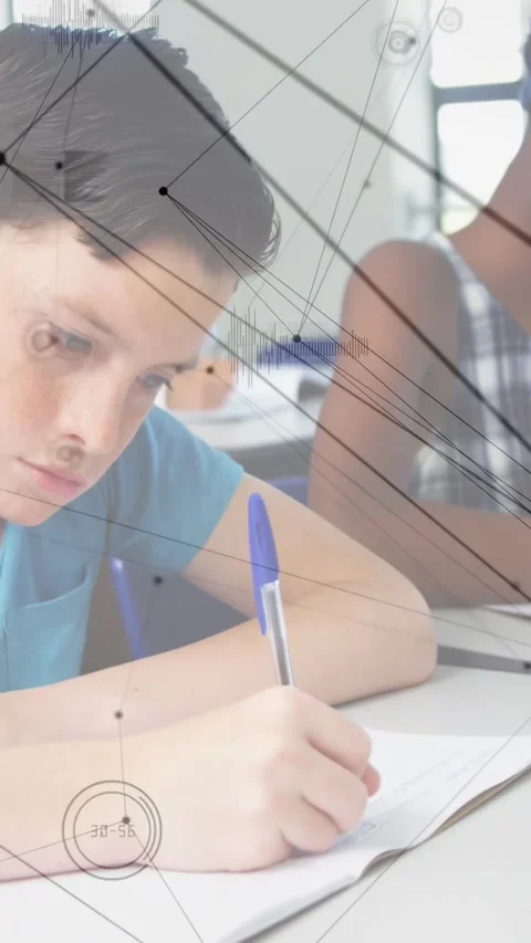 Vertical video: Schoolboy taking notes after cue with blue pen while overlays Stock Footage 331274119