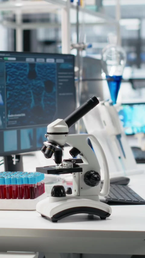 Vertical video Scientific microscope in medical laboratory used for cellular Stock Footage 319593790