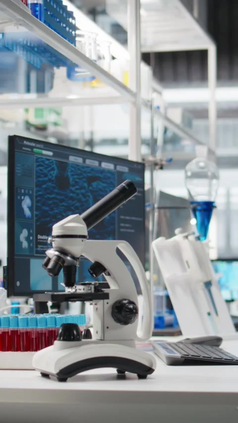 Vertical video Scientific microscope in medical laboratory used for cellular Stock Footage 319713322