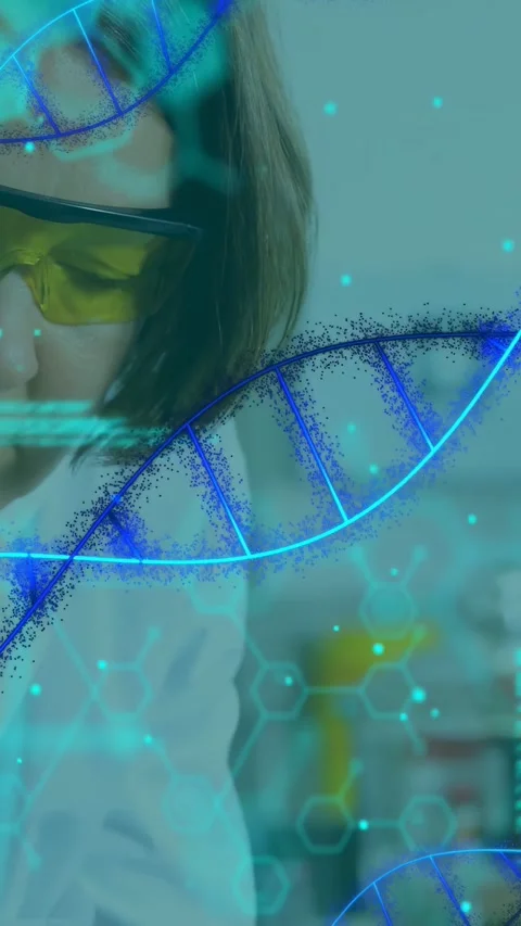 Vertical video: Scientist leaning tilting as DNA and code appearing over goggles Stock Footage 332869175