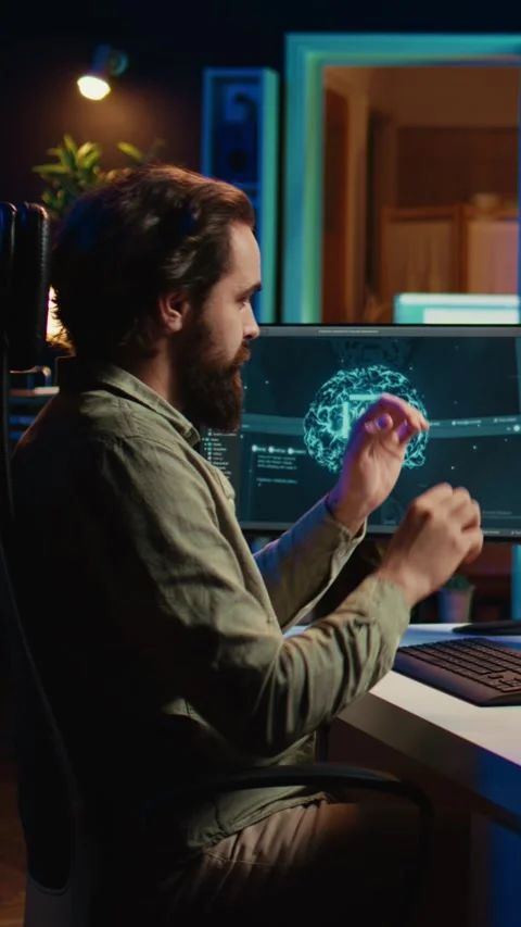 Vertical video Scientist placing confidential cartridge in computer, awakening Stock Footage 266751013