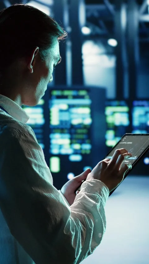 Vertical video Scientist runs code in data center Stock Footage 249083310