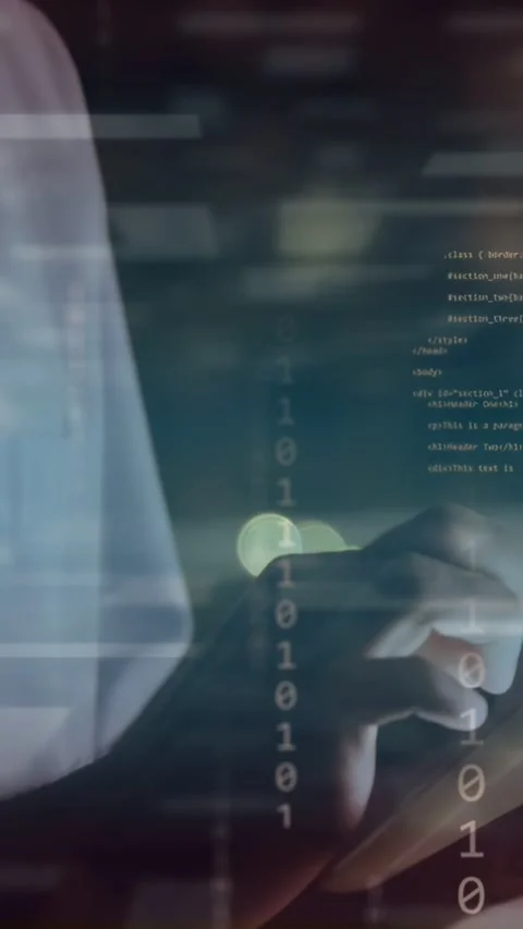 Vertical video: Screen lighting up, dev hands tapping white phone with binary Stock Footage 335355167