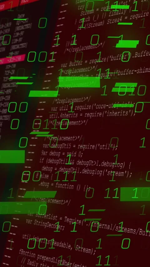 Vertical video: Screen powering, code appearing, binary digits rising, green Stock Footage 329552733