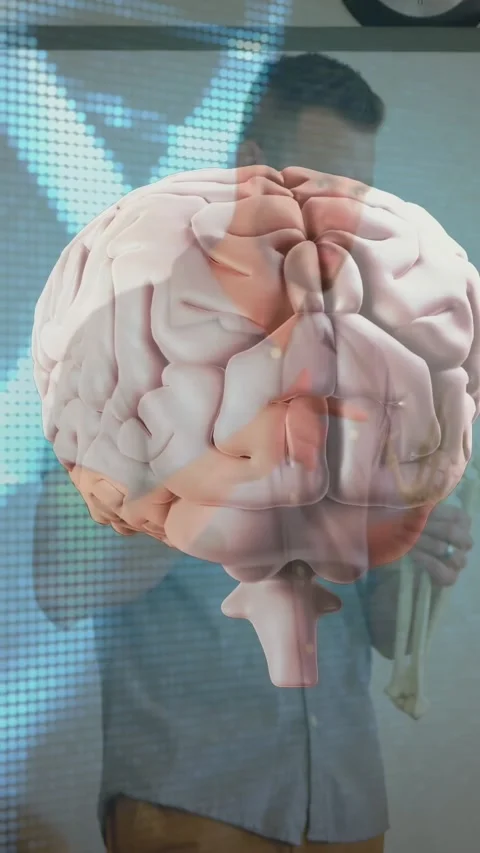 Vertical video: Screen showing brain rotating over room while teacher pointing Stock Footage 328332017