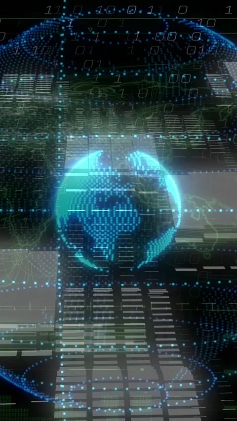 Vertical video: Screen starting dot globe rotating with pulsing ring, binary and Stock Footage 332734750