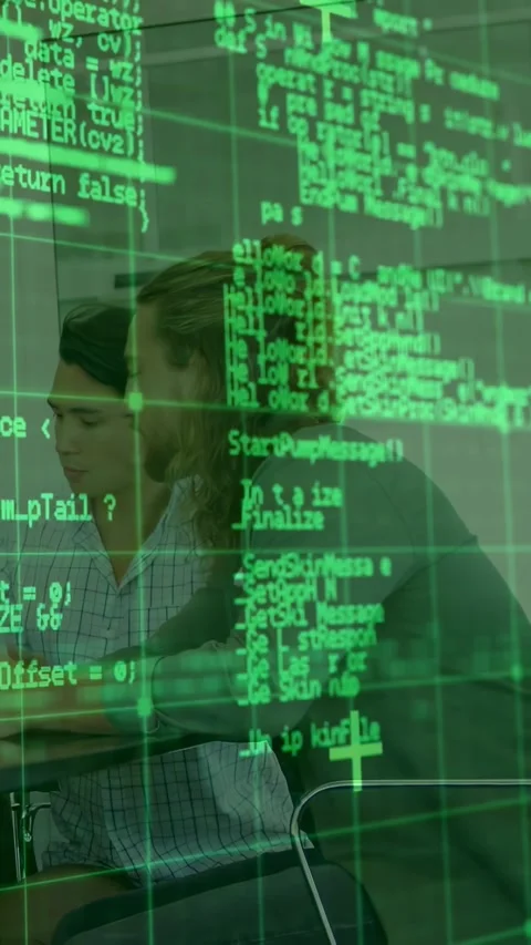 Vertical video: Screen update spawning green code overlay, woman leaning over Stock Footage 332598367