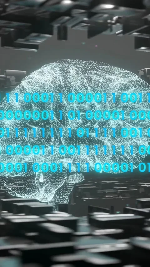 Vertical video: Scrolling binary bands initiating 3D brain rotating and Video stock 334378247