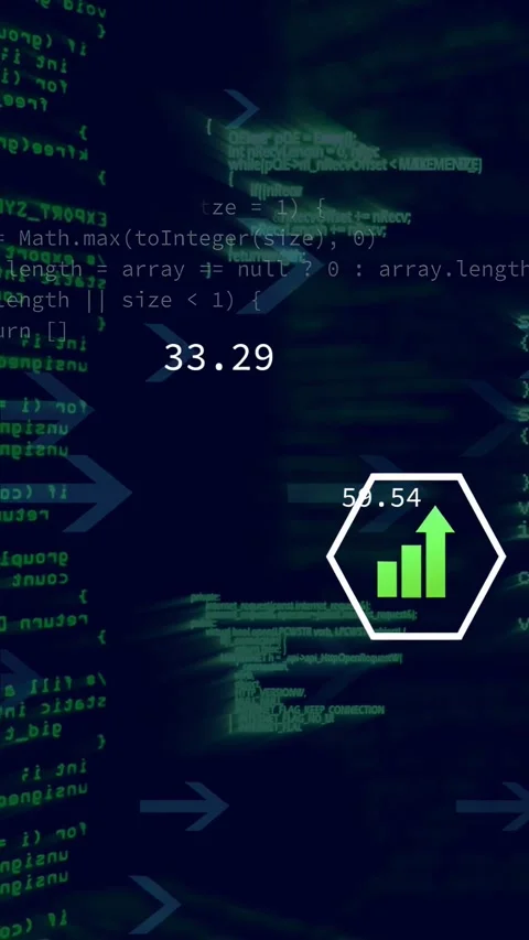 Vertical video: Scrolling code and arrows initiating white hex widget moving and Stock Footage 332669525