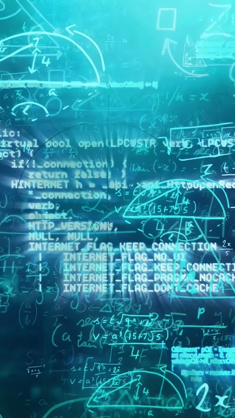 Vertical video: Scrolling code causing layer shifting, math diagrams fading into Vidéo 332594534