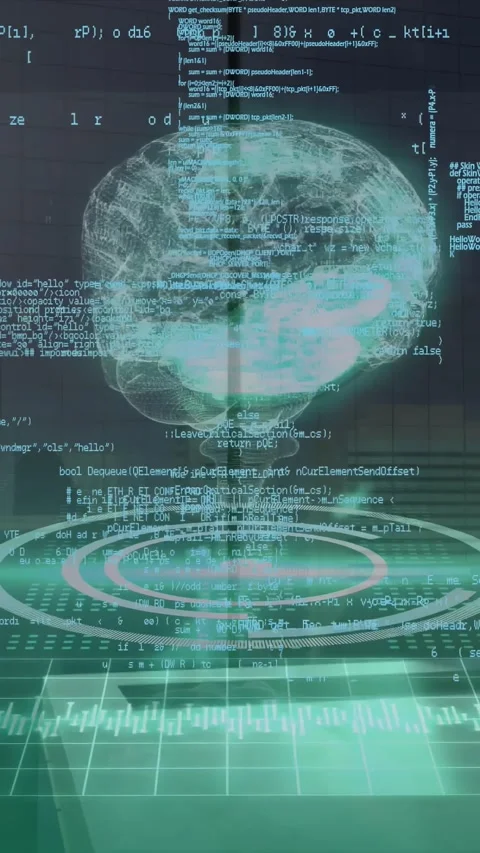 Vertical video: Scrolling code, holo brain forming on pad, turning, showing Stock Footage 330358979