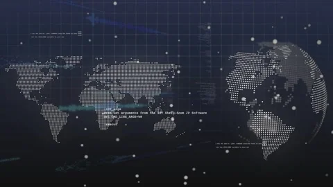 Vertical video: Scrolling code starting dotted map and spinning globe in HUD, Stock Footage 333648267