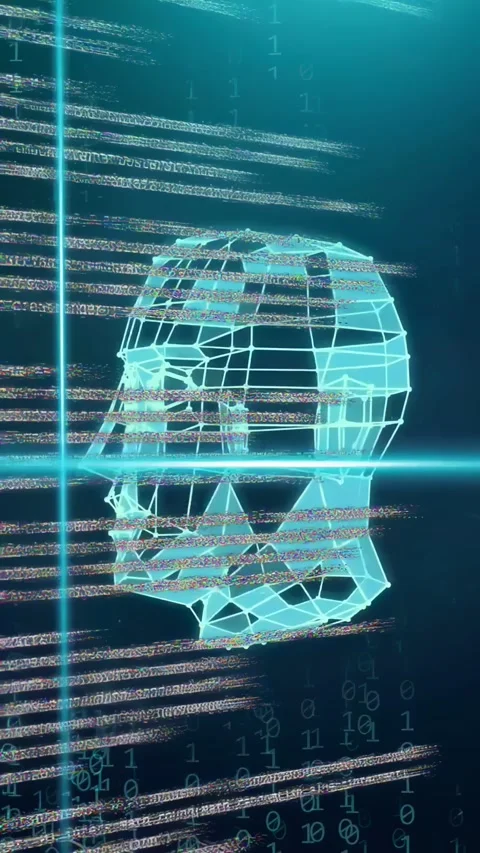 Vertical video: Scrolling code starting, 3D wireframe head rotating and Stock Footage 334378266
