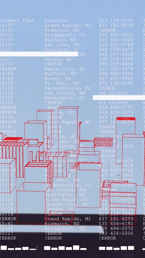 Vertical video: Scrolling data driving wireframe city forming on railing pulsing Stock Footage 329612889